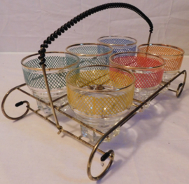 Set gekleurde Retro glazen + houder