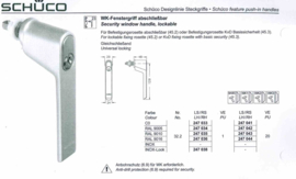 Schuco raamgreep -  afsluitbaar - kleuren: 247033 aluminium / 247034 zwart 9005 / 247035 wit 9010 / 247036 wit 9016 / 247038 RVS look