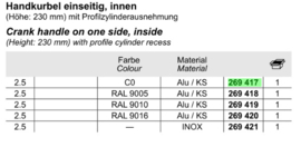 Schuco hefschuifpui greep met cilinderuitsparing binnenzijde - div. kleuren - 269417