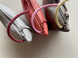 CORD pouch / bag - pearl grey leather & ruby red cord