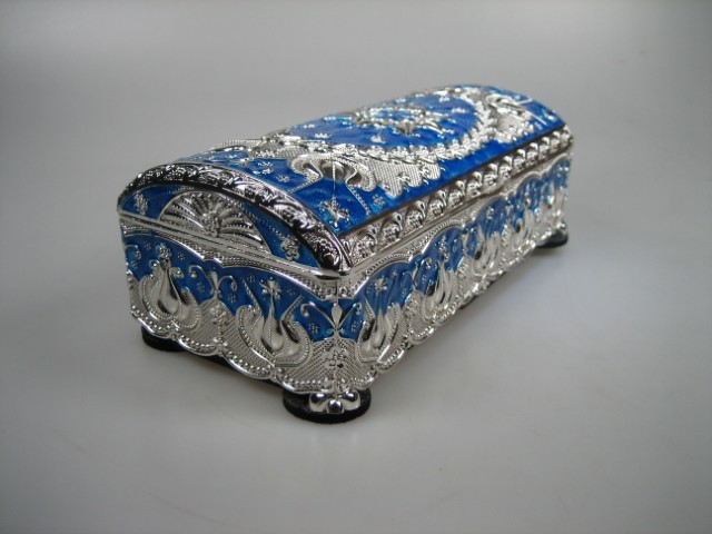 Luxe Sieraden Box Donkerblauw geëmailleerd met zilverkleurige versieringen