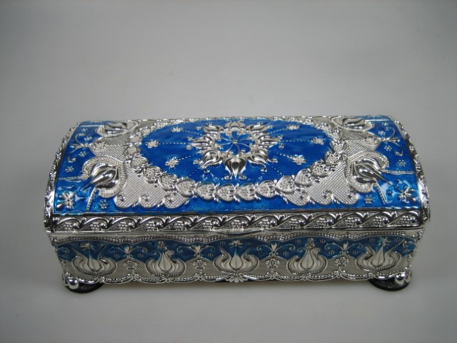 Luxe Sieraden Box Donkerblauw geëmailleerd met zilverkleurige versieringen