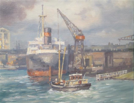 Rotterdamse Haven Schilderij Olieverf van A. Dubbeldam uit 1993