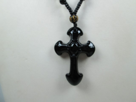 Vintage prachtige zwarte obsidiaan kruis hanger met ketting eigen import