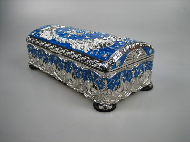 Luxe Sieraden Box Donkerblauw geëmailleerd met zilverkleurige versieringen