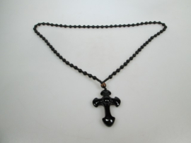 Vintage prachtige zwarte obsidiaan kruis hanger met ketting eigen import