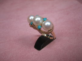 Art Deco Antieke gouden 14 karaat Parelring met Turkoois en Zuidzee Parels ca.1927