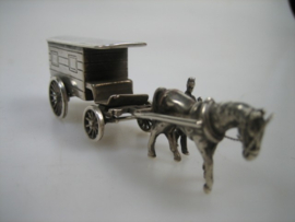 Zilver Hollands miniatuurtje Paard en wagen met begeleider uit ca. 1969