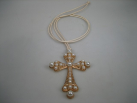 Groot Kruis met Parels goudkleurig verguld met koord collier