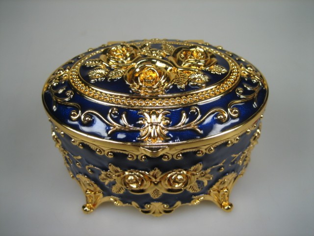 Luxe Sieraden Box Kobalt Blauw geëmailleerd Ovaal met goudkleurige versieringen Nieuw