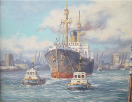Rotterdamse Haven Schilderij Olieverf van A. Dubbeldam uit 1993