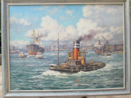 Rotterdamse Haven Schilderij Olieverf van A. Dubbeldam uit 1993