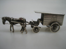 Zilver Hollands miniatuurtje Paard en wagen met begeleider uit ca. 1969