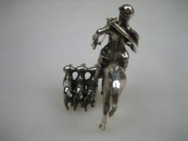 Zilveren Miniatuur Origineel Ruiter met paard Honden en Jachtgeweer ca 1974