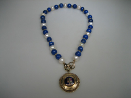 Antiek Parel Collier met Lapis Lazuli en 14 krt. Gouden Hanger ca.1928