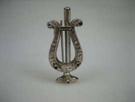 Antieke Zilver Harp Broche als Dasspeld met 5 kleine edelsteentjes