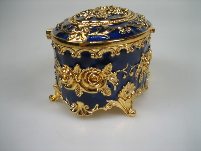 Luxe Sieraden Box Kobalt Blauw geëmailleerd Ovaal met goudkleurige versieringen Nieuw
