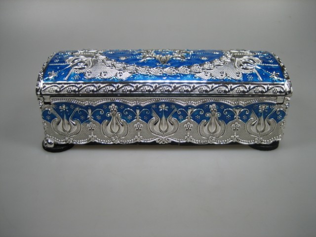 Luxe Sieraden Box Donkerblauw geëmailleerd met zilverkleurige versieringen