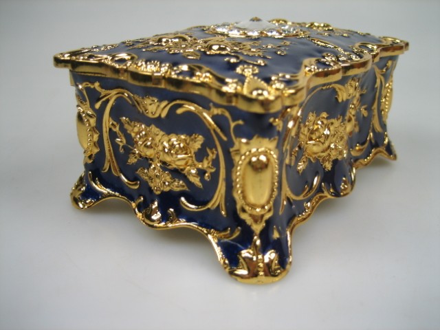 Luxe Sieraden Box Kobalt Blauw geëmailleerd met goudkleurige versieringen