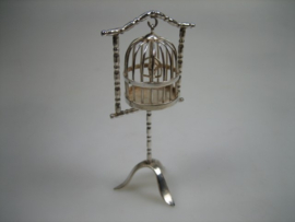 Miniatuur Zilveren Vogelkooi op Standaard met Vogel