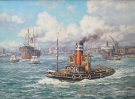 Rotterdamse Haven Schilderij Olieverf van A. Dubbeldam uit 1993