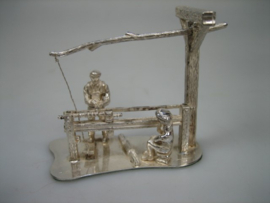 Antiek Zeldzame zilveren Miniatuur Houtdraaier met beweegbare bank uit ca. 1913-1933