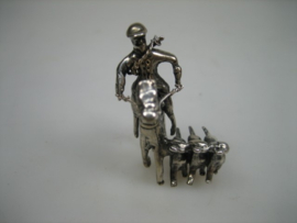 Zilveren Miniatuur Origineel Ruiter met paard Honden en Jachtgeweer ca 1974