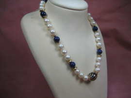 Antiek Parel collier met Lapis Lazuli en met 14 krt. goudstukken ca.1935