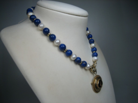 Antiek Parel Collier met Lapis Lazuli en 14 krt. Gouden Hanger ca.1928