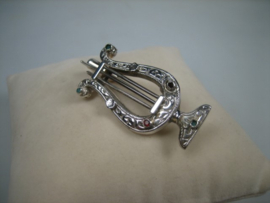 Antieke Zilver Harp Broche als Dasspeld met 5 kleine edelsteentjes