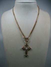 Luxe Vintage Collier met Kruis, Parel en Zirkonen nieuw