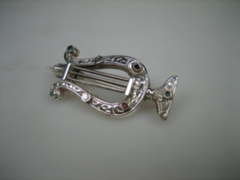 Antieke Zilver Harp Broche als Dasspeld met 5 kleine edelsteentjes