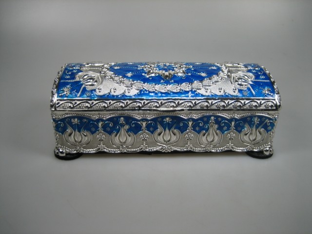 Luxe Sieraden Box Donkerblauw geëmailleerd met zilverkleurige versieringen