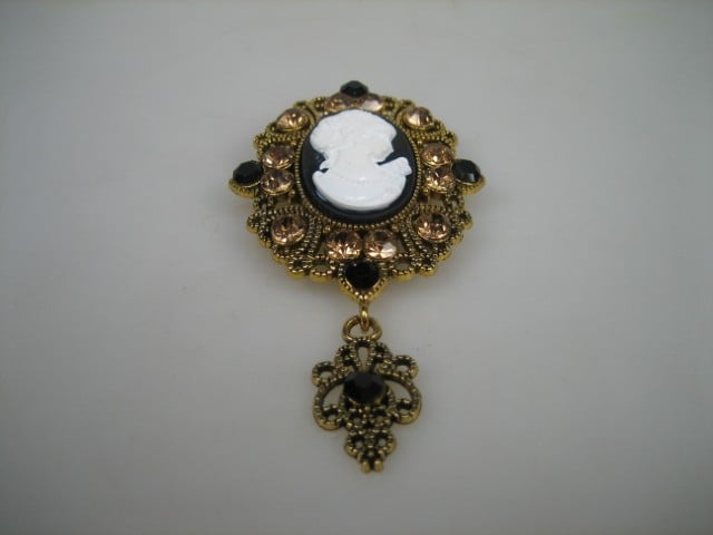Broche Portret – Legering & Hars | Zwart/Brons-Goudkleurig | Met Bergkristallen: