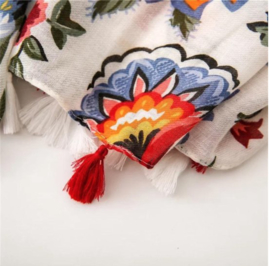 Sjaal - katoen linnen - bloemenprint - franjes