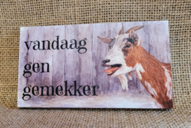 Vandaag gen gemekker, houten tekstbordje op schildersezeltje