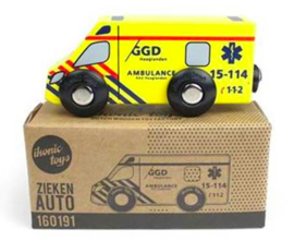 Houten ambulance met logo