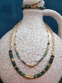 Schakelketting kralen - goud/groen Green & Gold Stainless Steel