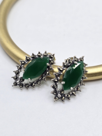 Prachtige echt zilveren oorbellen met Marcasiet en groene  onyx