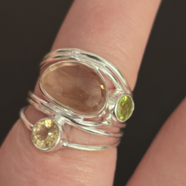 Echt zilveren  ring met Citrien en Peridoot, maat 17.5