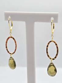 Echt zilveren oorbellen met smoky kwarts in goud plating