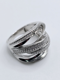 Echt zilveren ring met zirkonia, breed fantasie model maat 17.5