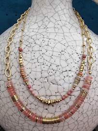 Schakelketting kralen - goud/roze Pink & Gold Stainless Steel