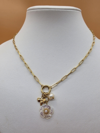 Nhala-ketting - mesh met ovale en ronde ringen en hangers (parel bloem, vlinder en zoetwaterparel)