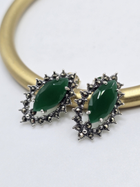 Prachtige echt zilveren oorbellen met Marcasiet en groene  onyx