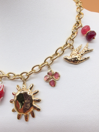 collier met zon, klaver, hart, vogel, bloem, geglazuurd keramiek, hars