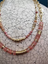 Ketting kleurrijke kralen - roze/goud Stainless Steel