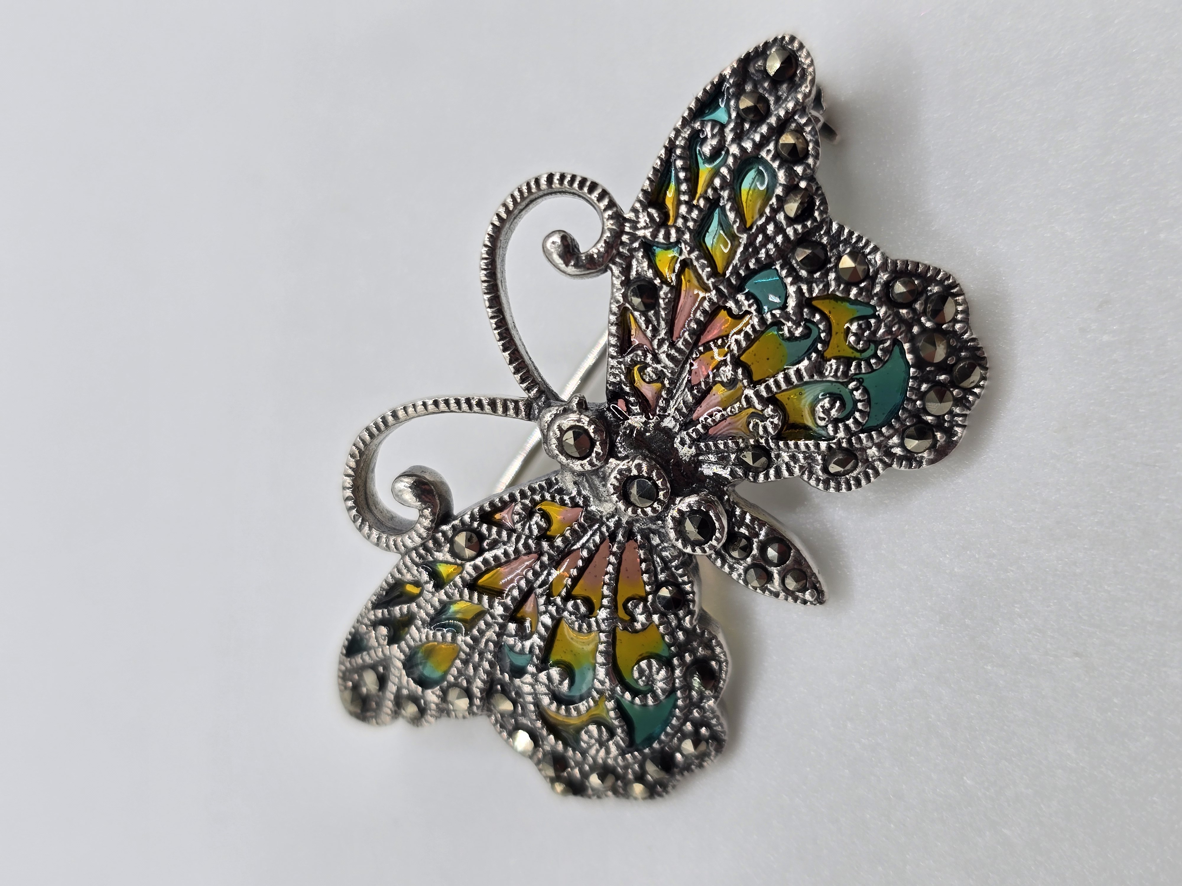 925 zilveren broche, met Marcasiet en glas emaille