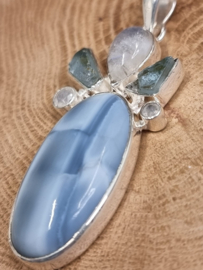 Prachtige echt zilveren hanger, met blauw agaat, aquamarijn,  Maansteen.