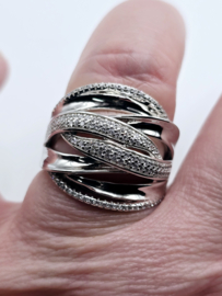 Echt zilveren ring met zirkonia, breed fantasie model maat 17.5